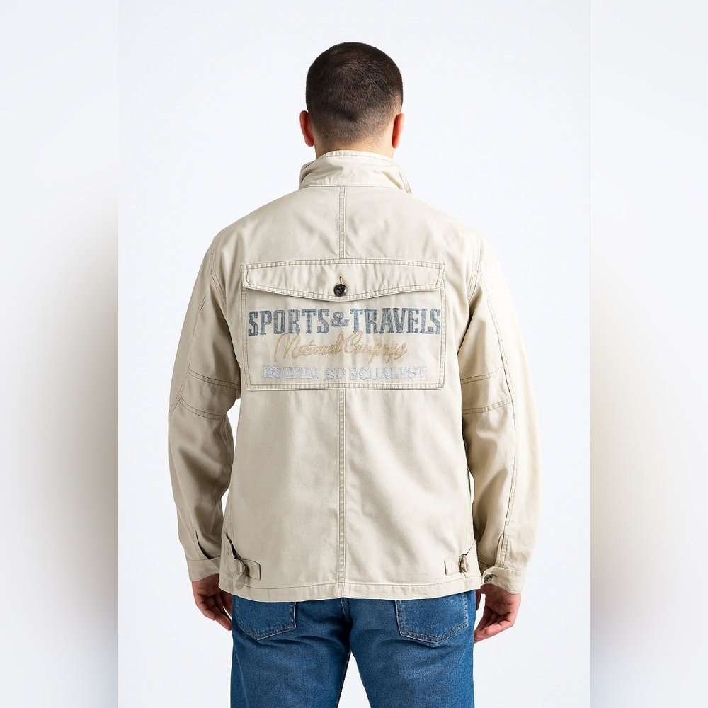 Edwin Trawelers Men's Beige Jacket, XL, Military Style, Trashed With Ink